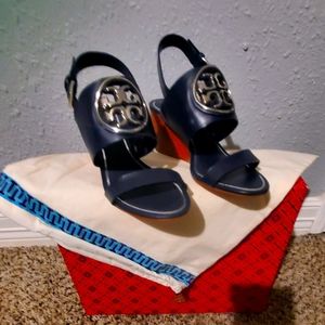 New Navy blue and silver Tory Burch wedge sandals